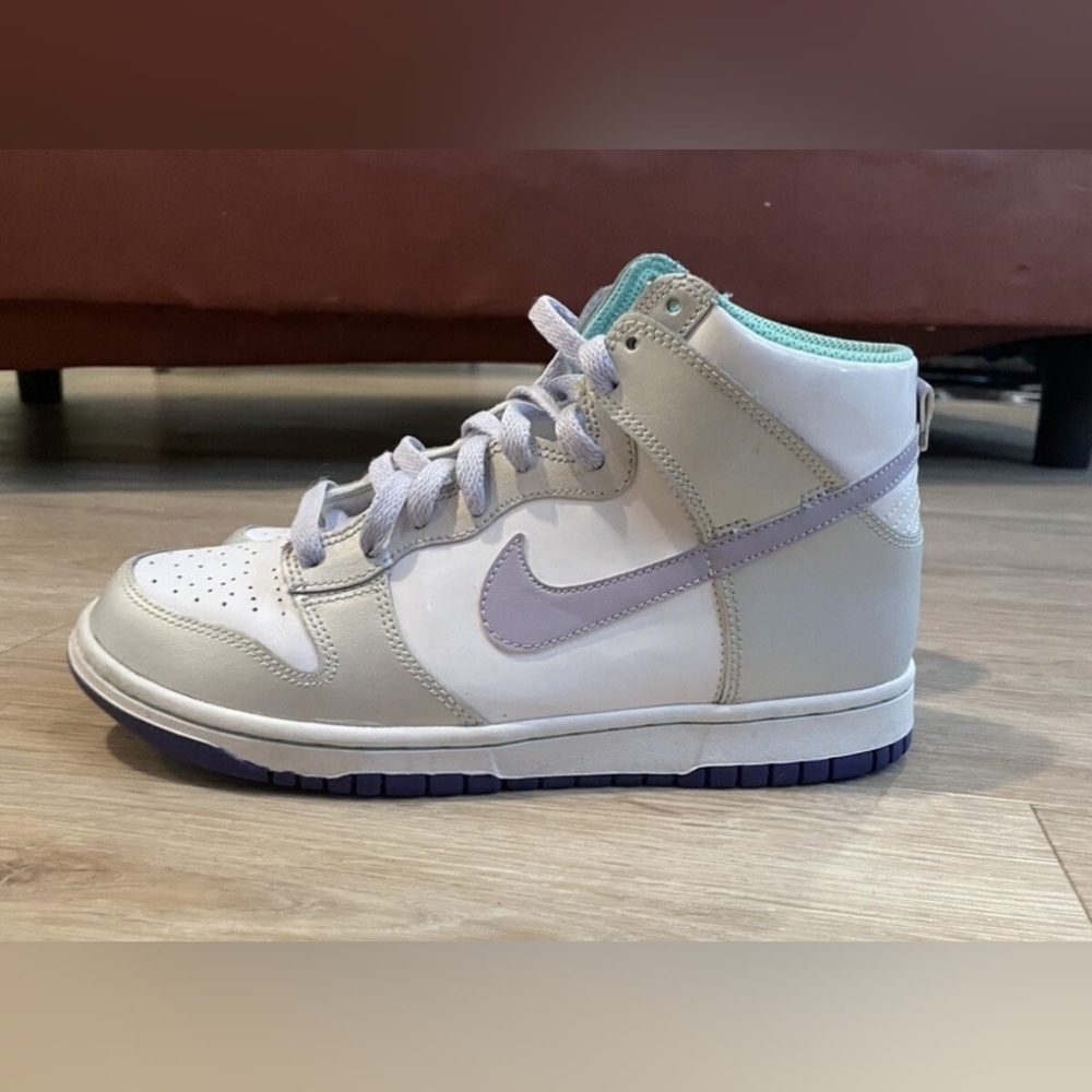 Pre-loved Nike High-Top White/Silver/Teal/Purple Nike Dunk Highs Sneakers.